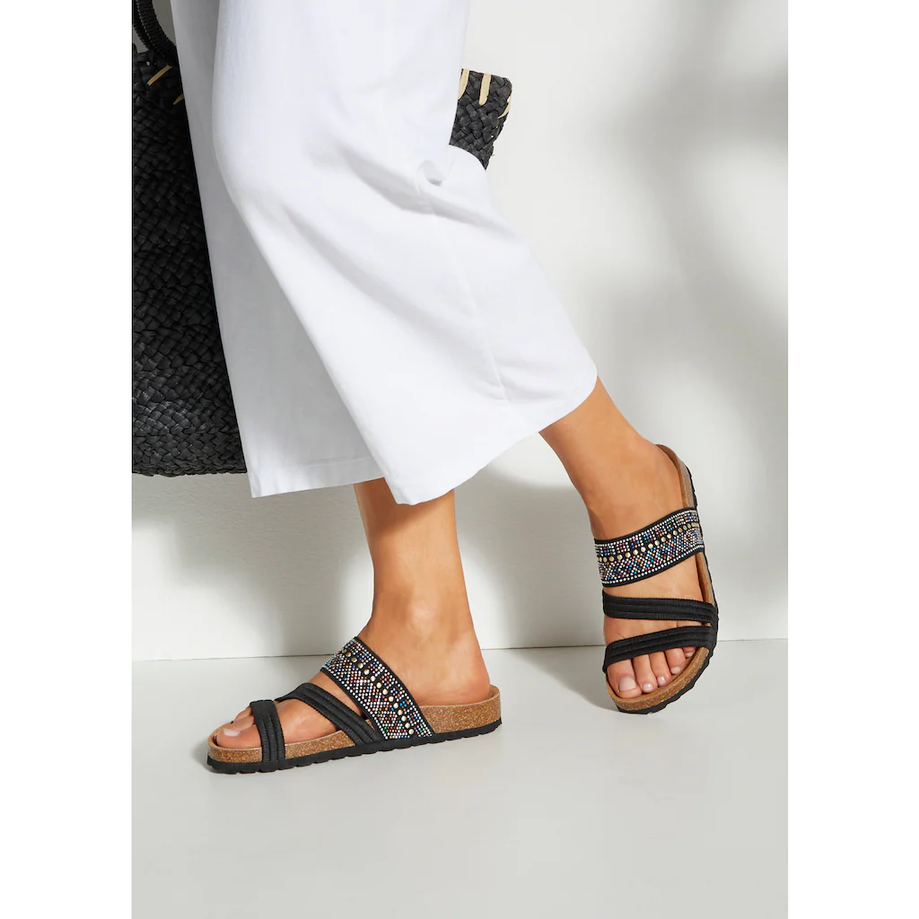 LASCANA Pantolette Mule Sandale Offener Schuh Mit Korkfußbett Und Elastischen Riemen