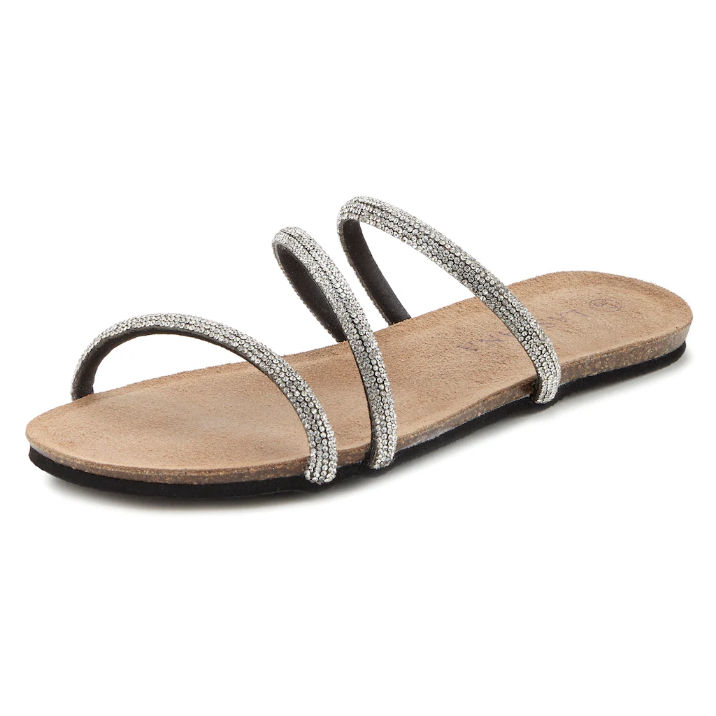 LASCANA Pantolette »Sandale « Mule Offener Schuh Hochwertiges Korkfußbett Mit Strasssteinchen ▷ Für