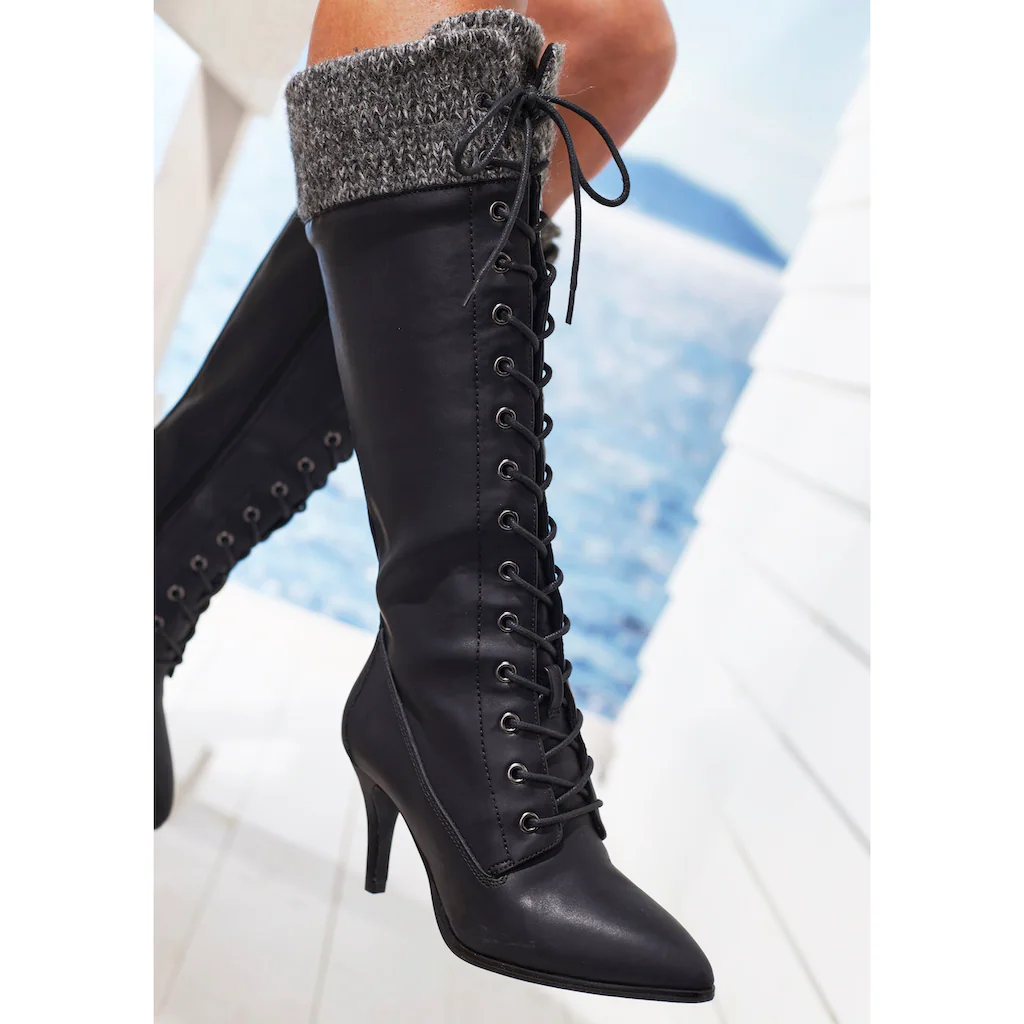 LASCANA Stiefel »Stiefelette Langer Stiefel« Mit Spitz Zulaufender Form Und Strickeinsatz Online Bestellen