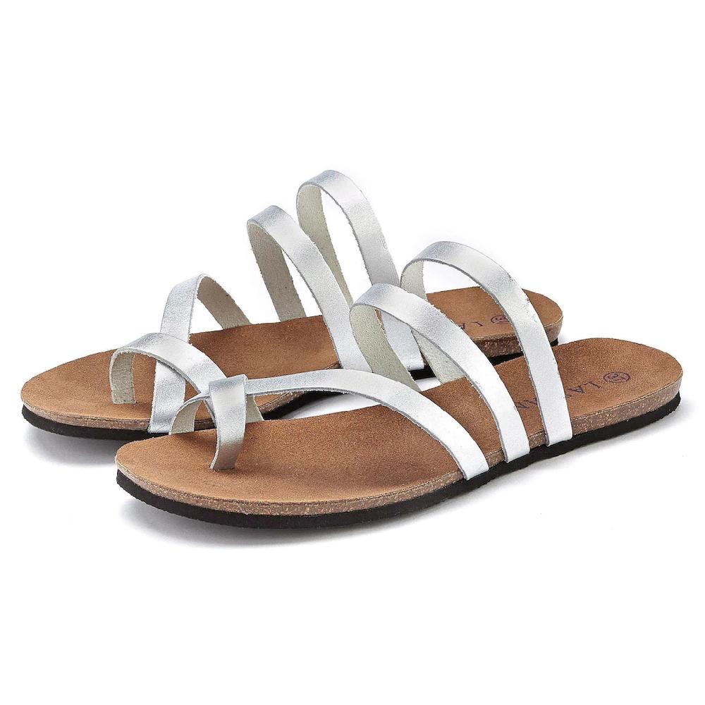 LASCANA Zehentrenner Sandale Pantolette aus Leder im Metallic-Look