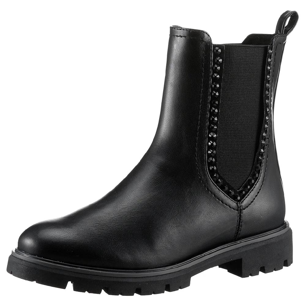 MARCO TOZZI Chelseaboots Blockabsatz Stiefelette Boots vegan mit Strass-Steinen verziert ▷ für