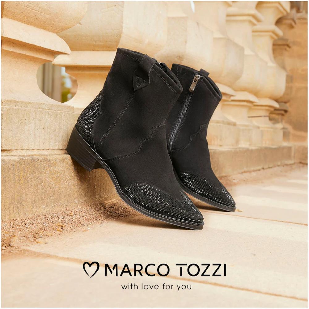 MARCO TOZZI Westernstiefelette Blockabsatz Cowboy Stiefelette Boots Funkelnde Glitzersteinchen ▷ Für