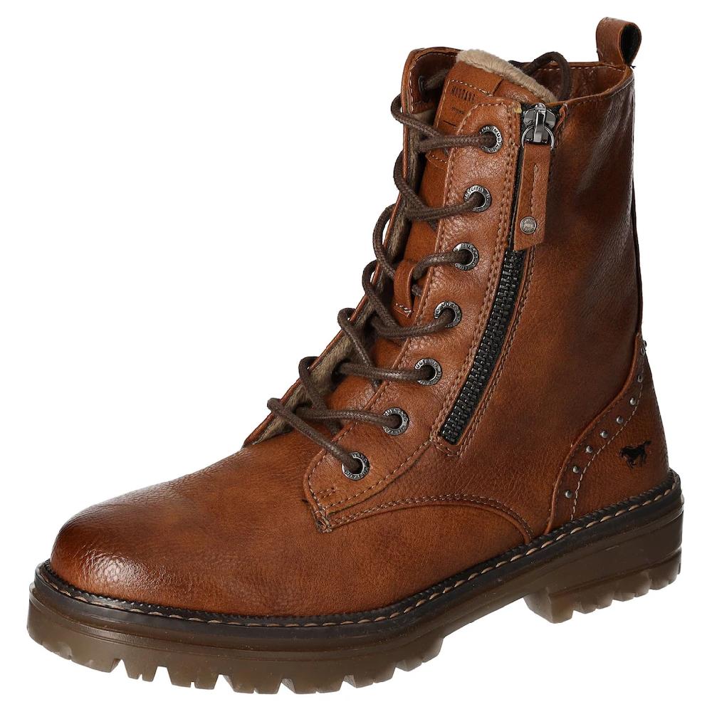Mustang Shoes Winterboots Blockabsatz Winterstiefelette Schnürboots Nieten und Ziernähten bestellen