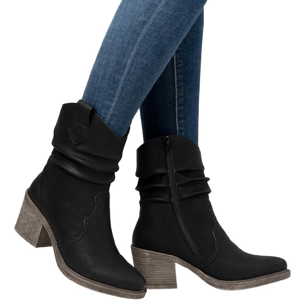 Rieker Westernstiefelette Cowboystiefelette Boots Blockabsatz Mit Gerafftem Slouchy Schaft