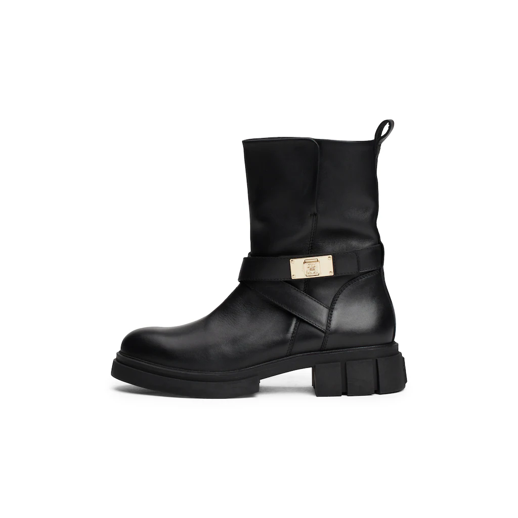 Tommy Hilfiger Bikerboots »BIKER LEATHER« Blockabsatz Stiefelette Boots mit goldfarbenem Schmuckelement online kaufen