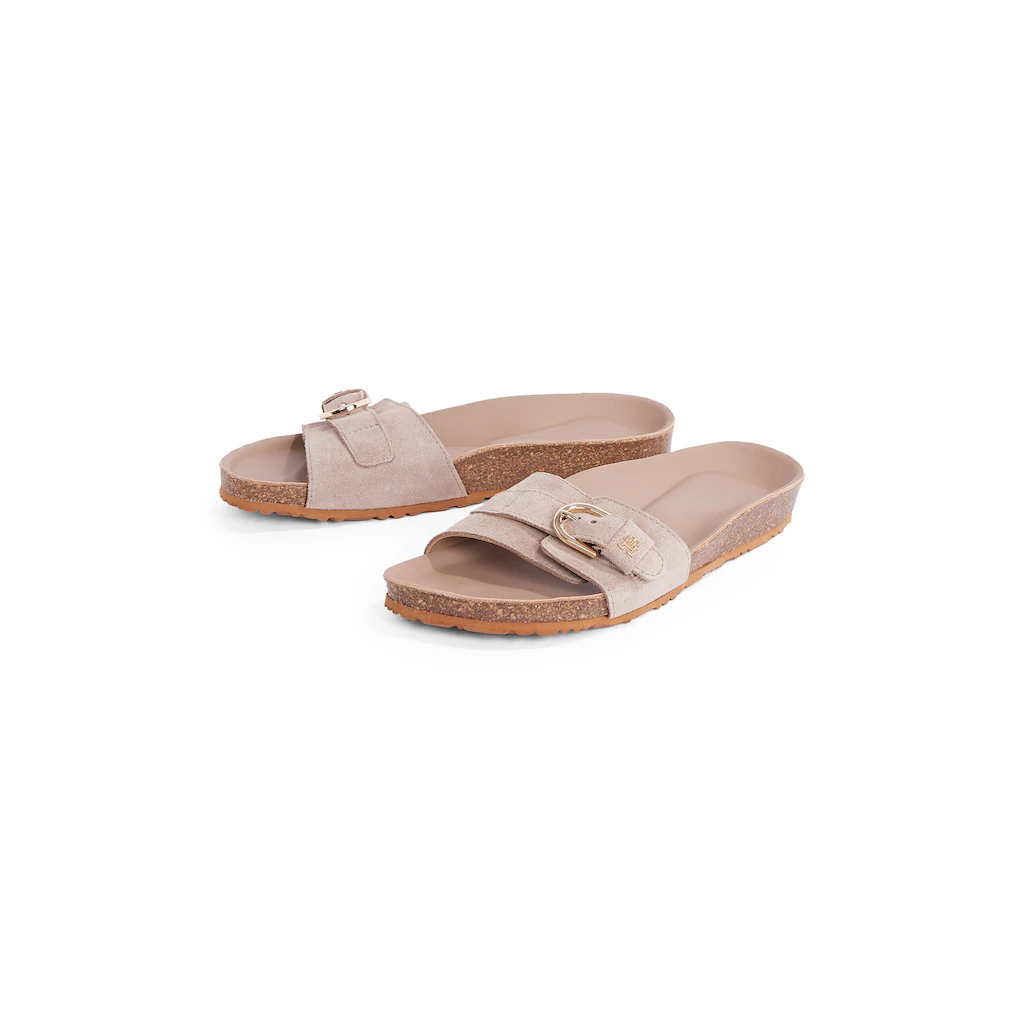 Tommy Hilfiger Pantolette »SOFT SUEDE ADJUSTABLE MULE« Keilabsatz Sommermode Schlupfschuh Flats Mit TH-Logo