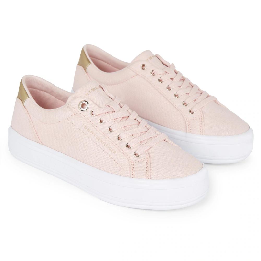 Tommy Hilfiger Plateausneaker »ESSENTIAL VULC CANVAS SNEAKER« Kontrastbesatz in Metallicoptik Freizeitschuh Halbschuh Schnürschuh kaufen