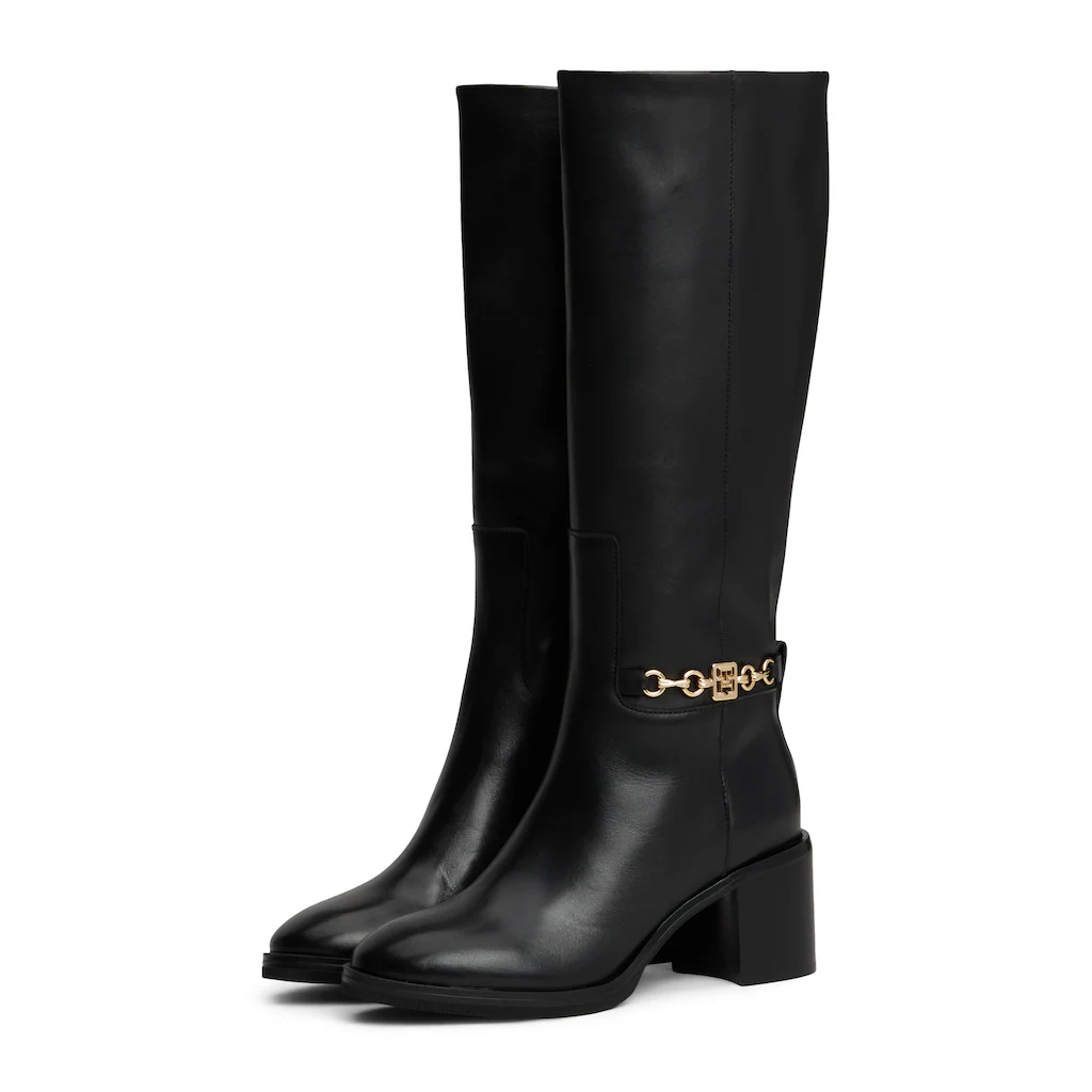 Tommy Hilfiger Stiefel »TH CHAIN LEATHER LONG BOOT« Blockabsatz Langschaftstiefel Mit Seitlicher Schmuckspange ▷ Für