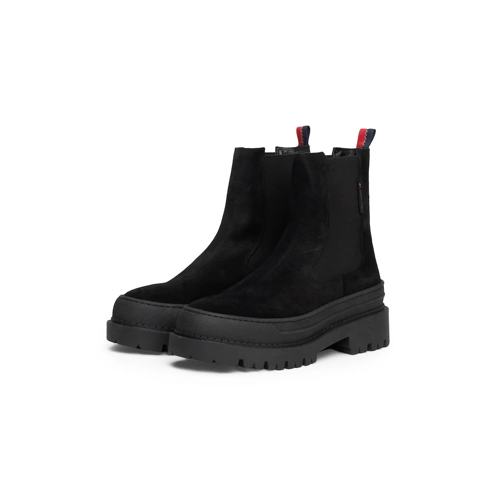 Tommy Jeans Chelseaboots »TJW FOXING CHELSEA SUEDE« Blockabsatz Schlupfboots Stiefelette mit bunter Anziehlasche online bestellen