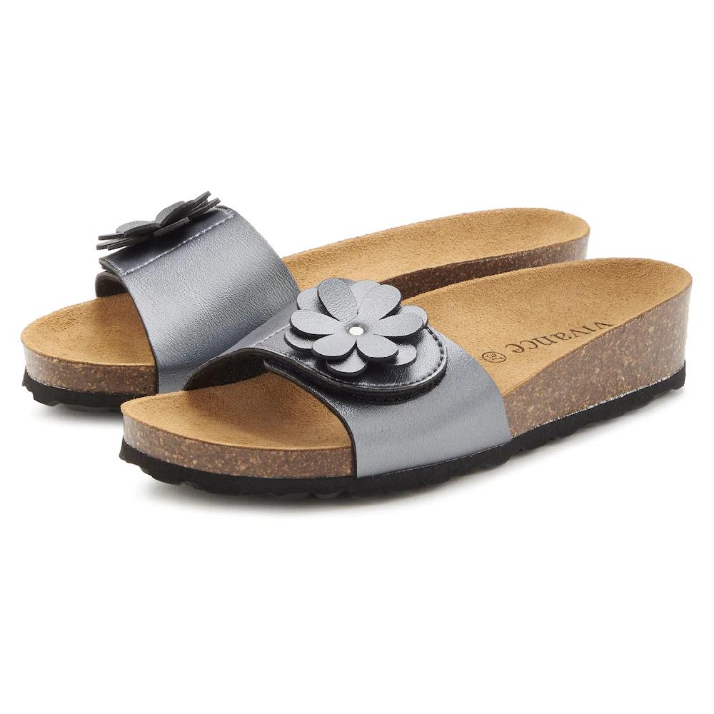 Vivance Pantolette Mule Sandale offener Schuh mit Korkfußbett und dezentem Keilabsatz