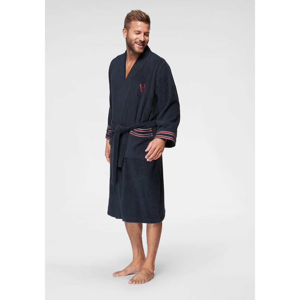 Bruno Banani Herrenbademantel »Roy ideal für Sauna & Spa Hotelbademantel Morgenmantel« (1 St.) mit farblich abgesetzten Streifen Bademantel Baumwolle S-3XL