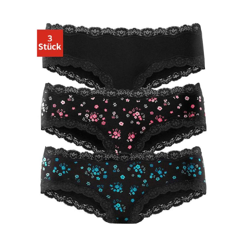 Buffalo Panty (3er-Pack) aus elastischer Baumwolle mit floraler Spitze