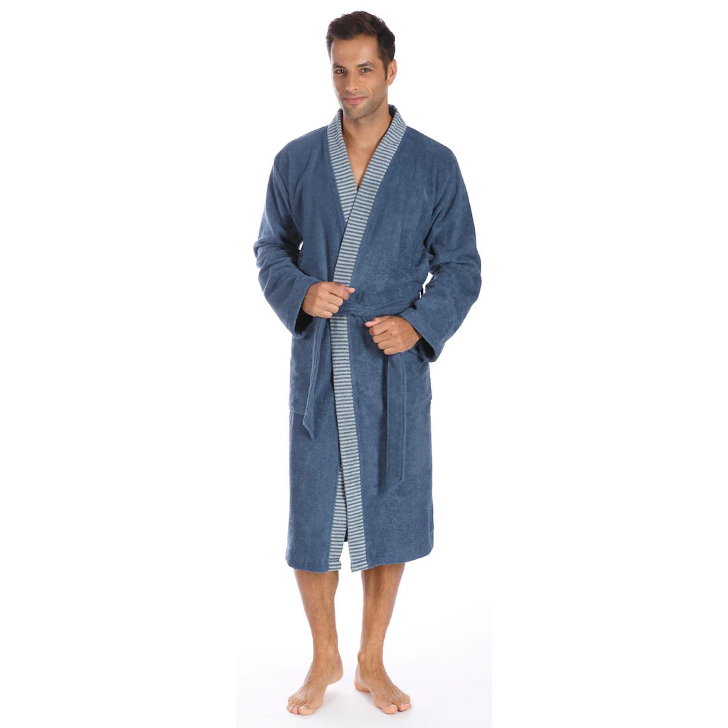 Egeria Herrenbademantel »Bruno ideal für Sauna & Spa Hotelbademantel Morgenmantel« (1 St.) Kimono mit Streifenbordüre 100% Baumwolle