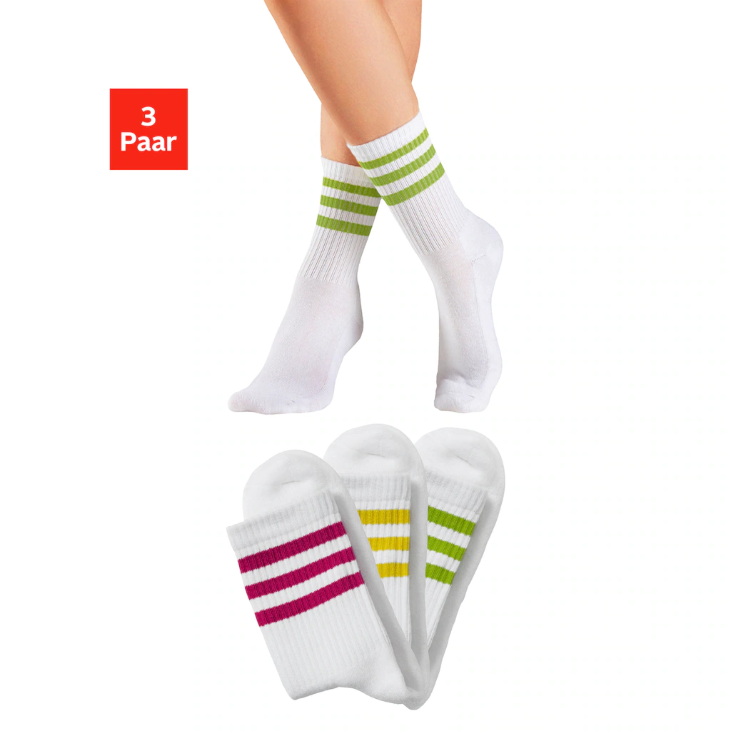LASCANA Tennissocken (Packung 3 Paar) mit farbigen Ringeln am Bündchen