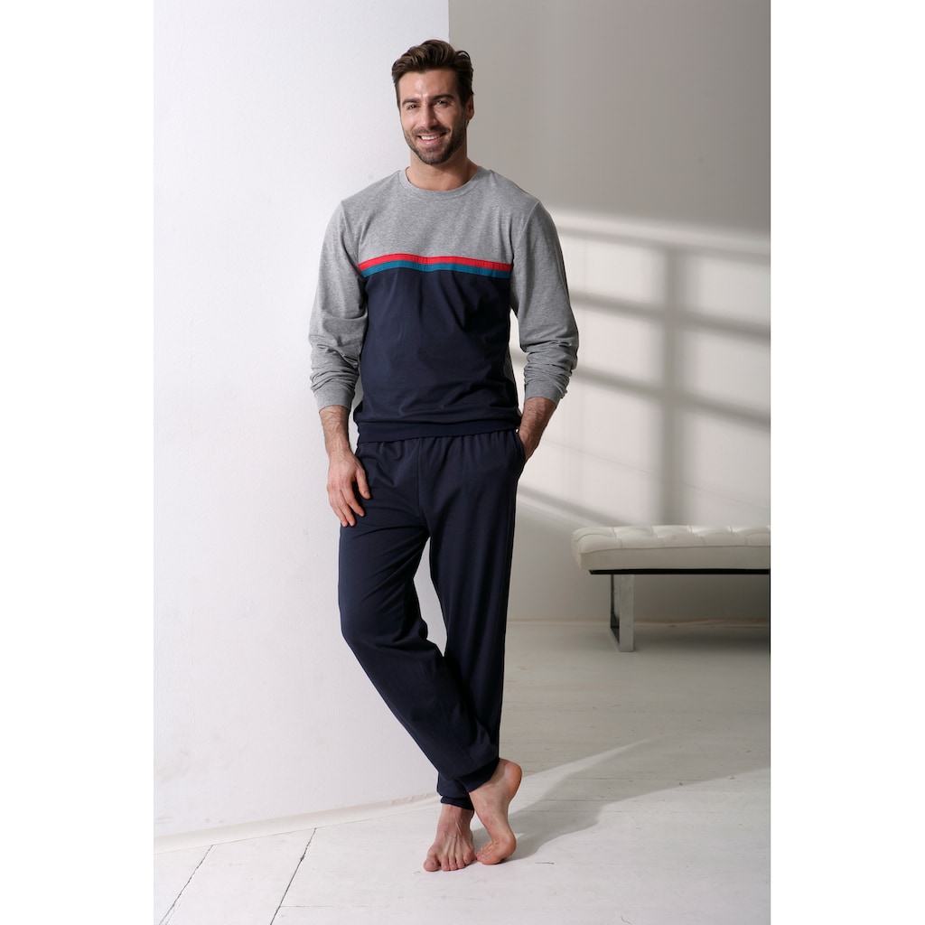 le jogger® Pyjama (2 tlg. 1 Stück) Schlafanzug in langer Form mit kontrastfarbenen Streifen