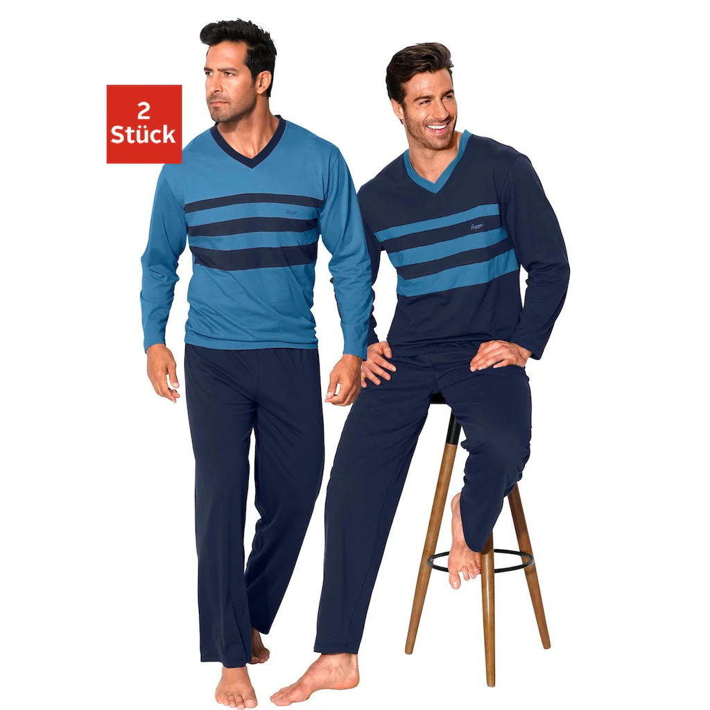le jogger® Pyjama (Packung 4 tlg. 2 Stück) Schlafanzug mit kontrastfarbigen Einsätzen vorn