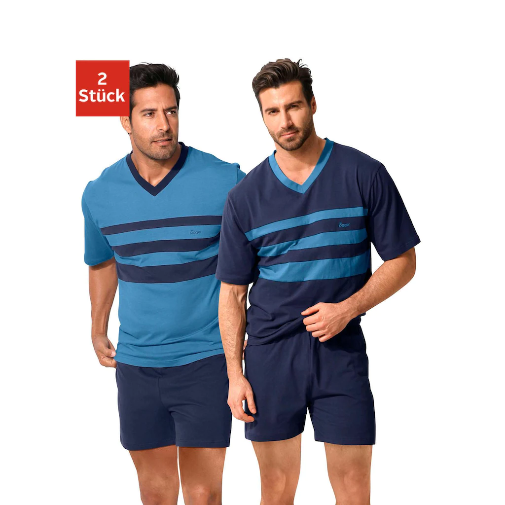 le jogger® Pyjama (Packung 4 tlg. 2 Stück) Schlafanzug mit kontrastfarbigen Einsätzen vorn