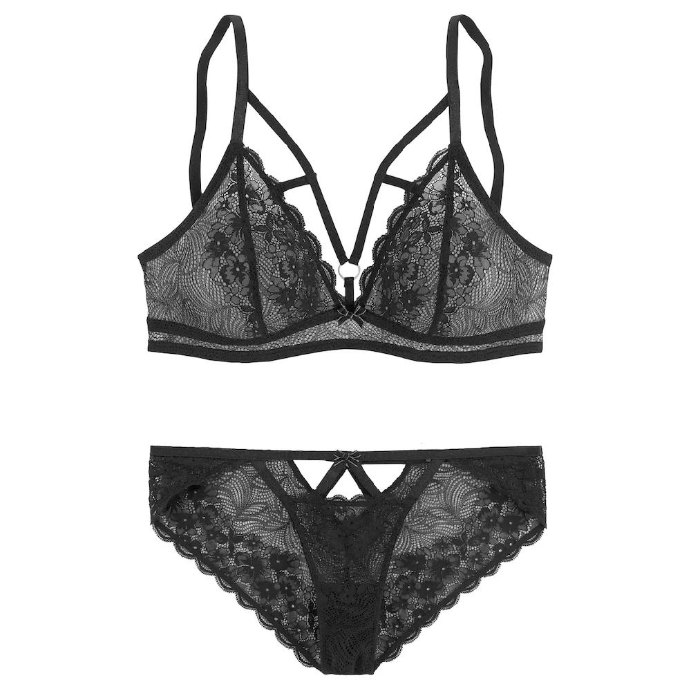 Petite Fleur Gold Set: Bralette-BH (Set 2 Tlg. Mit Tanga) Aus Floraler Leicht Transparenter Spitze Sexy Dessous Reizwäsche ▷ Für