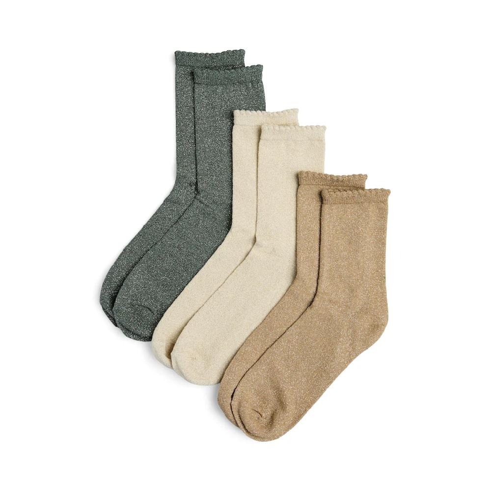 Pieces Socken »PCSEBBY GLITTER LONG 3-PACK SOCKS NOOS« (Set 3 Paar) Mit Gerippten Bündchen Und Muschelsaum