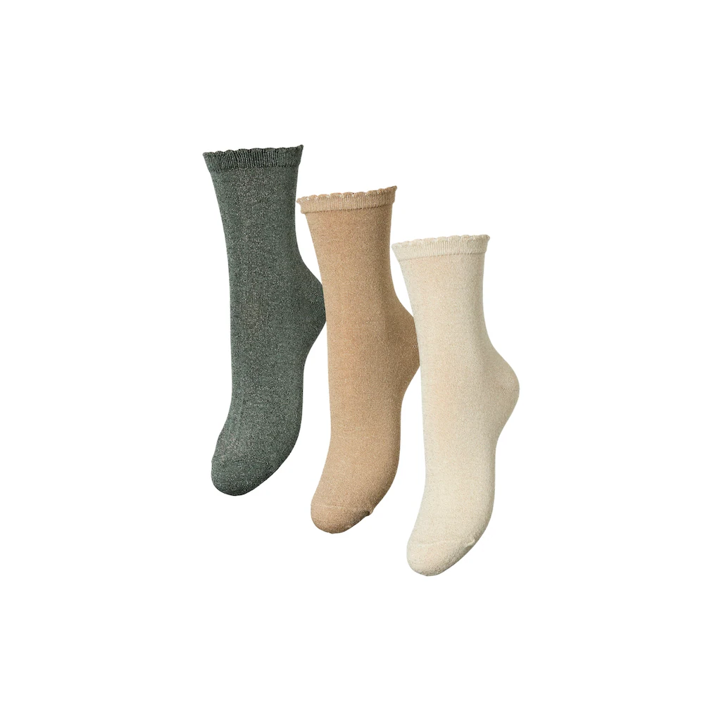 pieces Socken »PCSEBBY GLITTER LONG 3-PACK SOCKS NOOS« (Set 3 Paar) mit gerippten Bündchen und Muschelsaum
