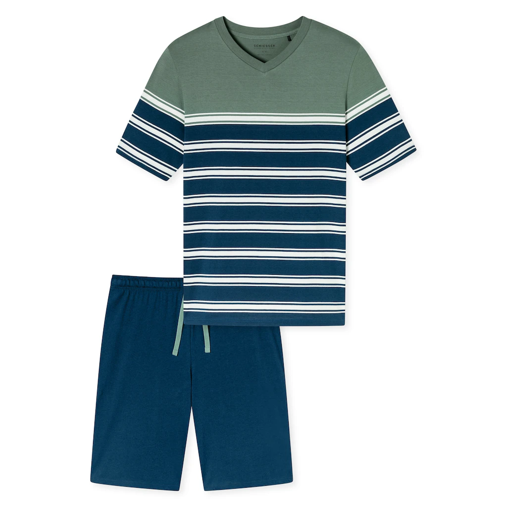 Schiesser Shorty »"Casual Nightwear"« (2 Tlg.) Shirt Mit V-Ausschnitt Und Platzierten Ringeln