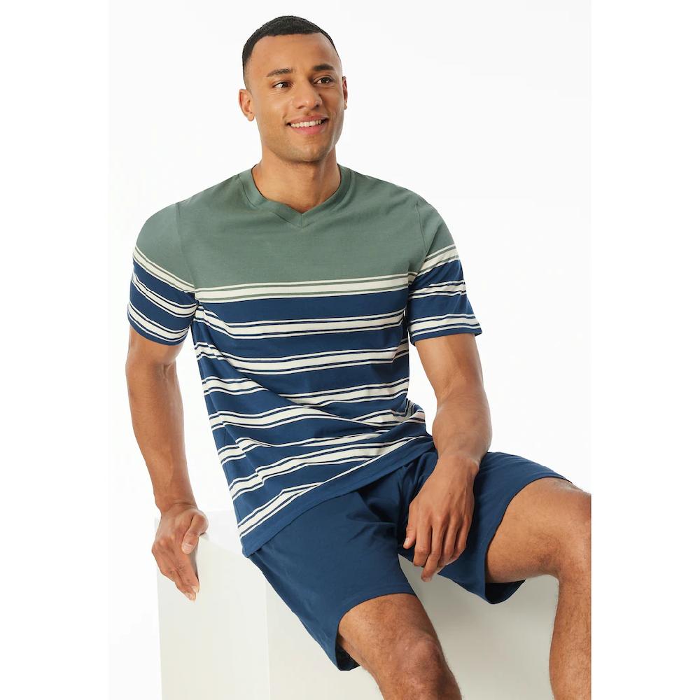 Schiesser Shorty »"Casual Nightwear"« (2 Tlg.) Shirt Mit V-Ausschnitt Und Platzierten Ringeln
