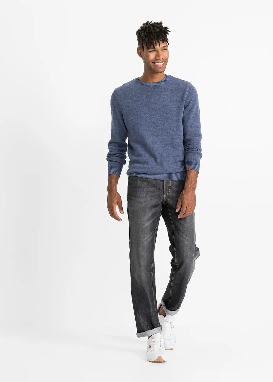 Bonprix Angesagter Pullover Mit Rundhalsausschnitt Und Kunstleder-Details Maschinenwaschbar