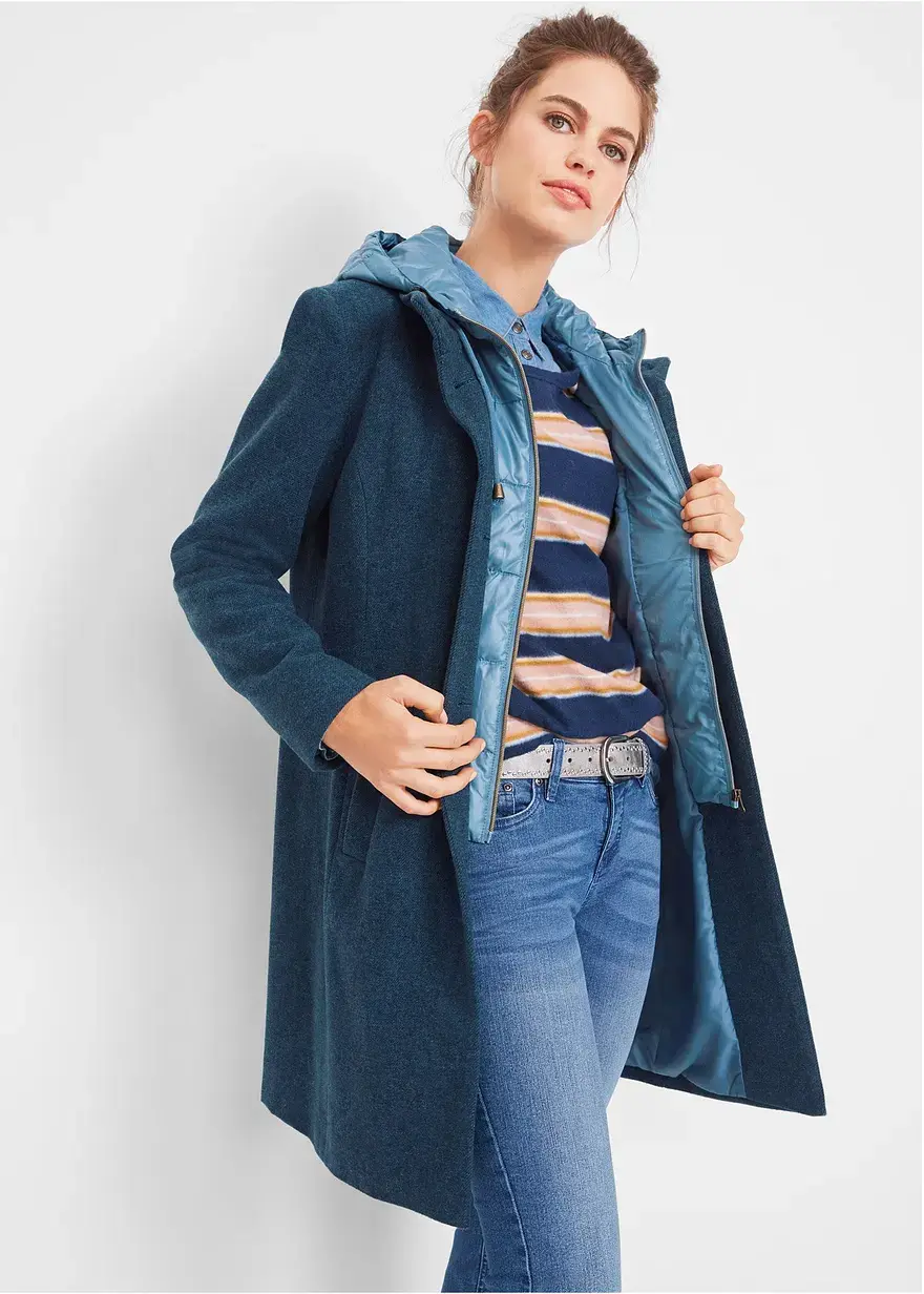 Bonprix Angesagter Two-in-One-Wintermantel In Wolloptik - Blau