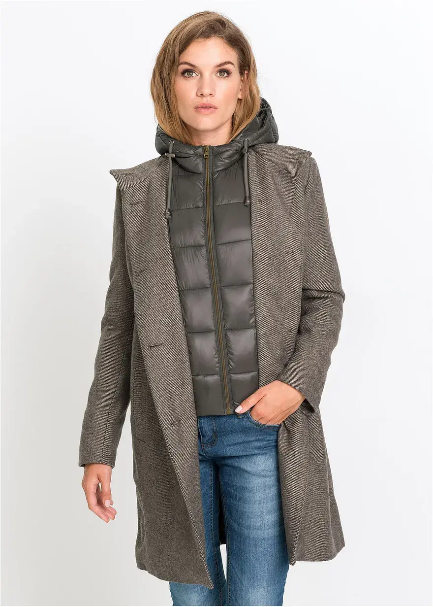 Bonprix Angesagter Two-in-One-Wintermantel In Wolloptik - Braun