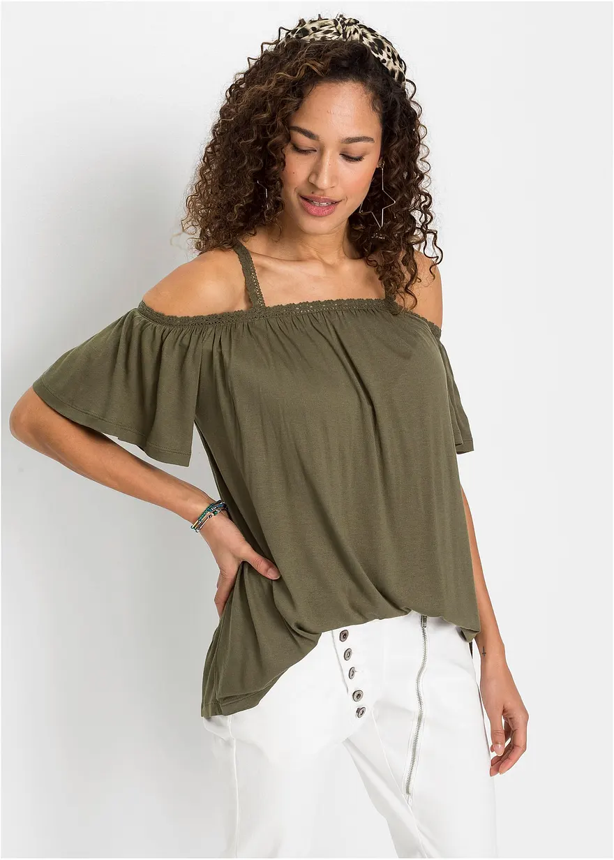 Bonprix Angesagtes Shirt Mit Cut-Outs Und Spitzenborte An Den Schultern