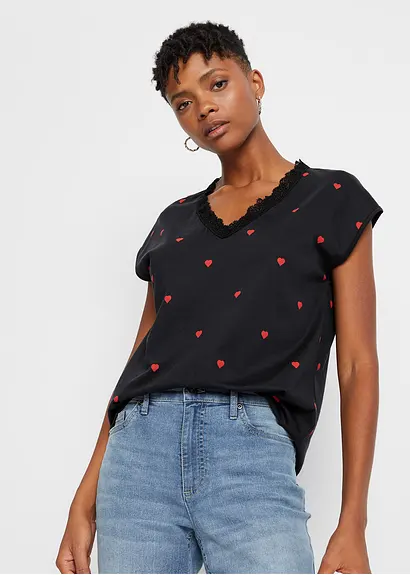 Bonprix Angesagtes Shirt Mit Herz Muster V-Ausschnitt Und Spitze - Damen
