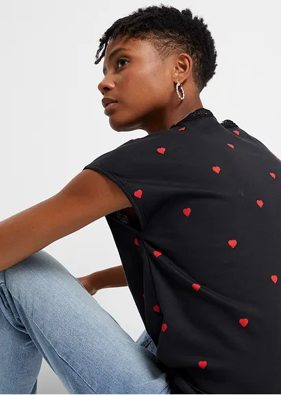 Bonprix Angesagtes Shirt Mit Herz Muster V-Ausschnitt Und Spitze - Damen
