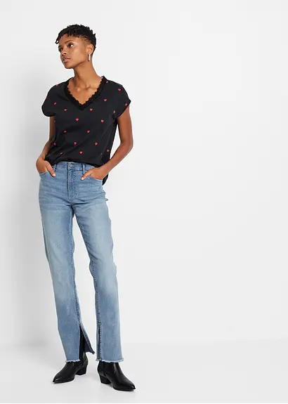 Bonprix Angesagtes Shirt Mit Herz Muster V-Ausschnitt Und Spitze - Damen