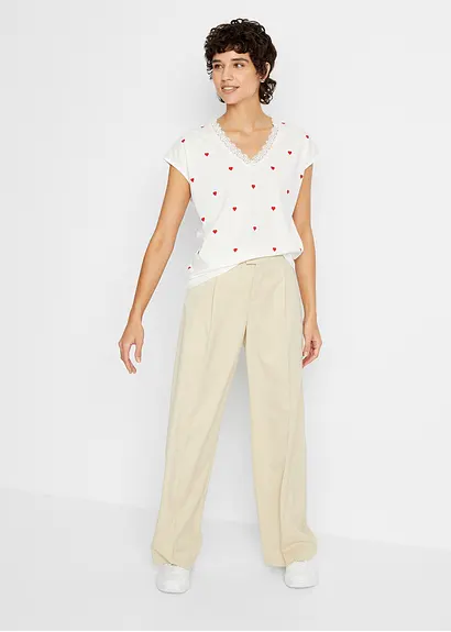 Bonprix Angesagtes Shirt Mit Herz Muster V-Ausschnitt Und Spitze - Weiß