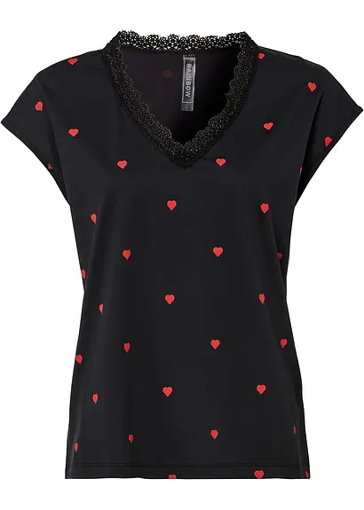 bonprix Angesagtes Shirt mit Herz Muster V-Ausschnitt und Spitze - Damen