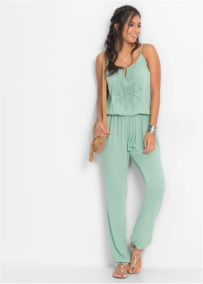 Bonprix Ärmelloser Jumpsuit Mit Spitze Und Kordeldetail - Grün Regular