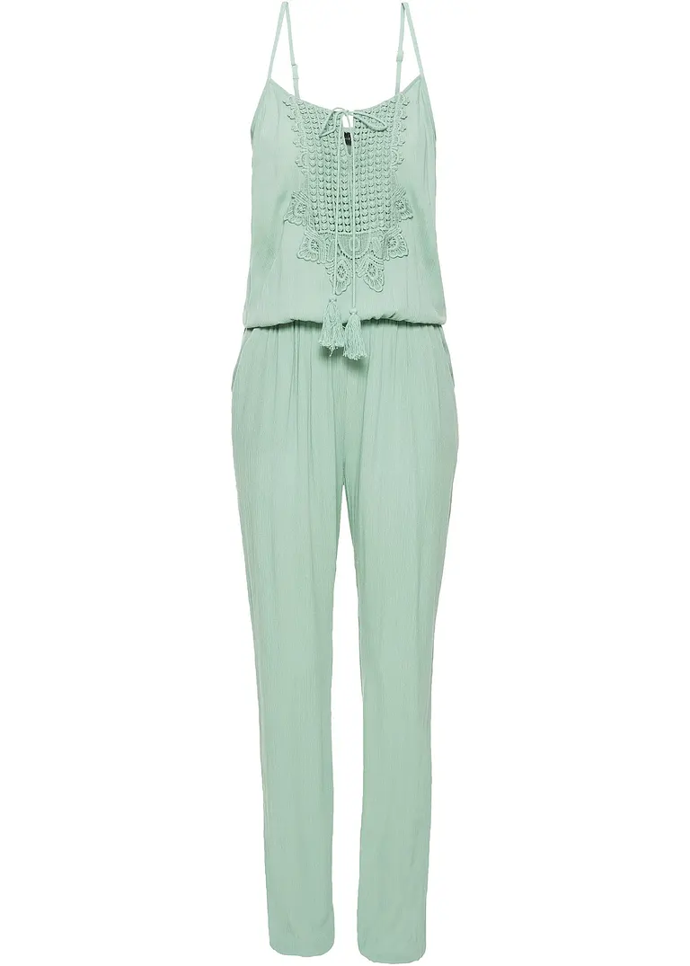 bonprix Ärmelloser Jumpsuit mit Spitze und Kordeldetail - grün regular