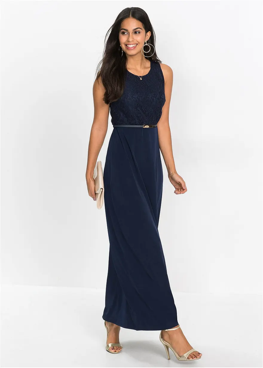 Bonprix Ärmelloses Abendkleid Mit Gürtel Und Spitze - Dunkelblau - Damen