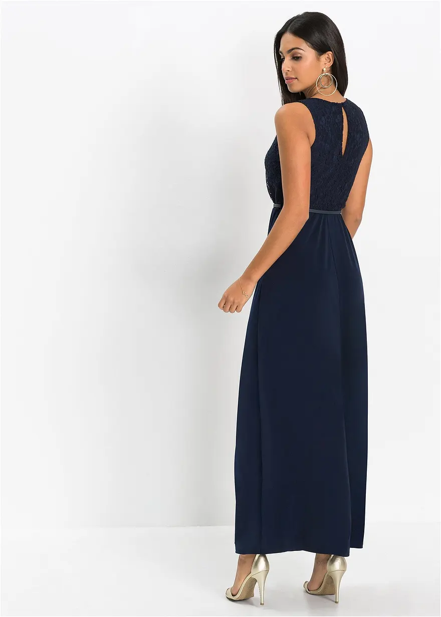 Bonprix Ärmelloses Abendkleid Mit Gürtel Und Spitze - Dunkelblau - Damen