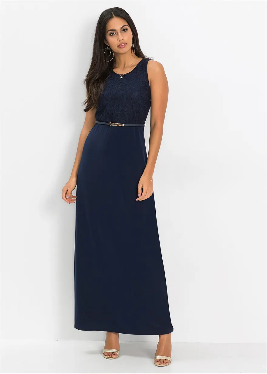 Bonprix Ärmelloses Abendkleid Mit Gürtel Und Spitze - Dunkelblau - Damen