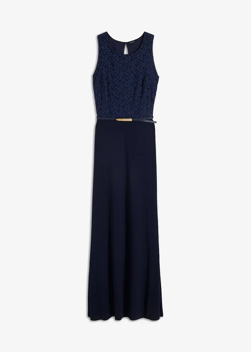 bonprix Ärmelloses Abendkleid mit Gürtel und Spitze - dunkelblau - Damen