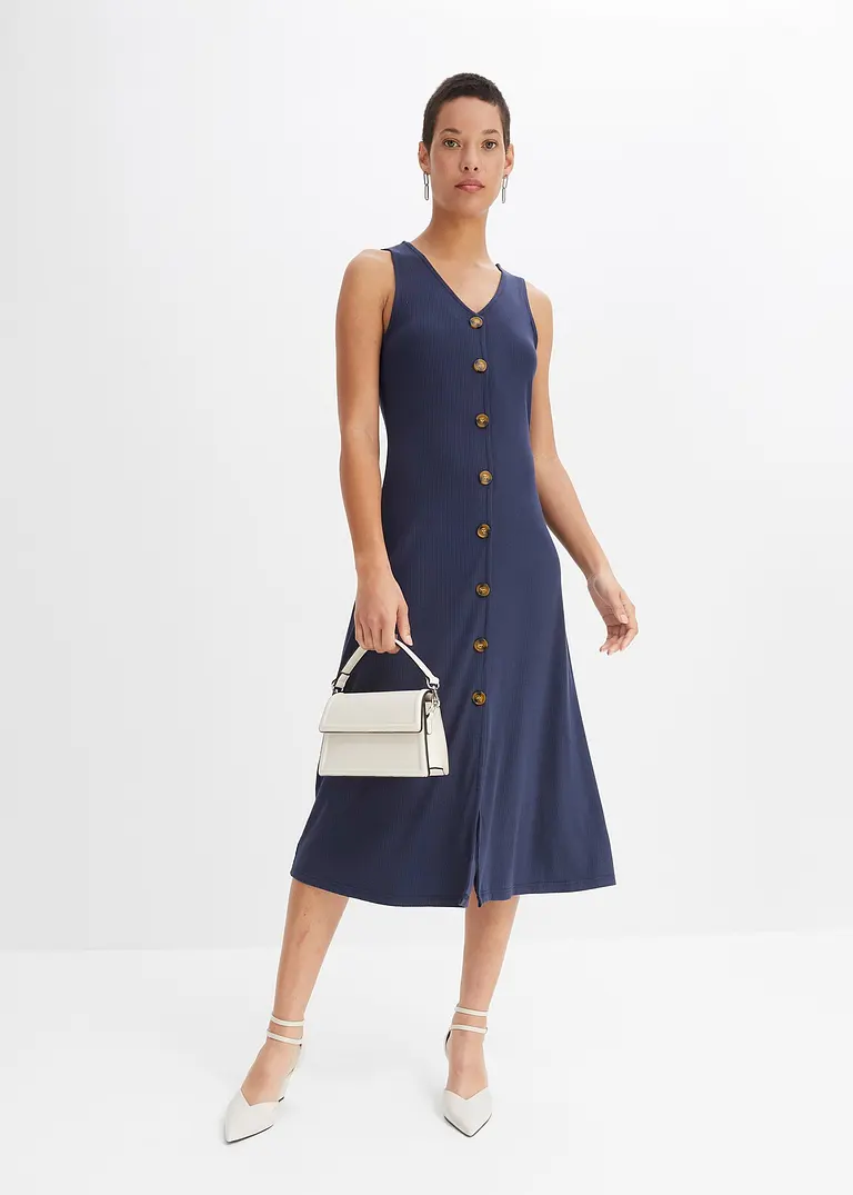 Bonprix Ärmelloses Midi-Kleid In Rippoptik - Blau - Damen