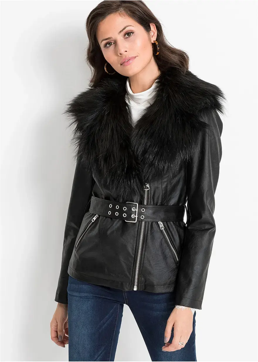 Bonprix Attraktive Lederimitat-Jacke Mit Opulentem Fellimitatkragen
