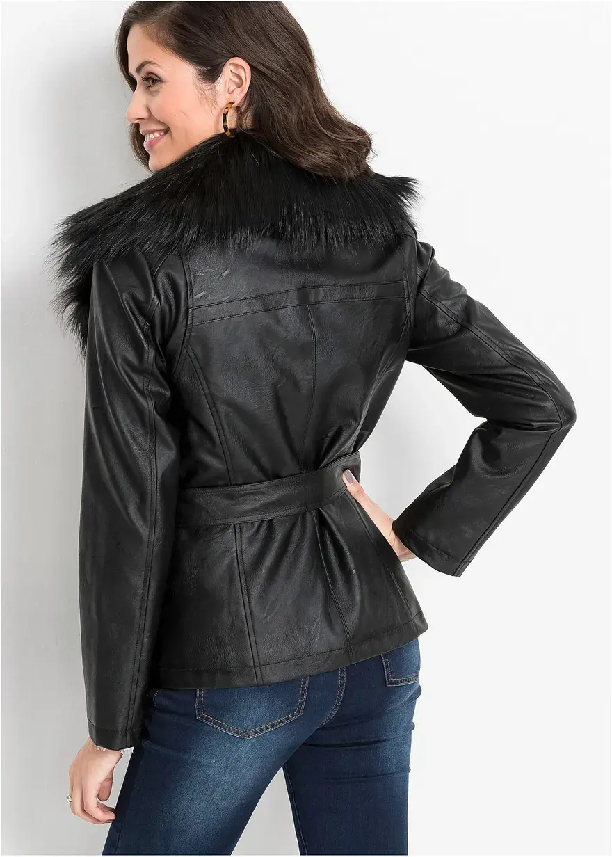 Bonprix Attraktive Lederimitat-Jacke Mit Opulentem Fellimitatkragen
