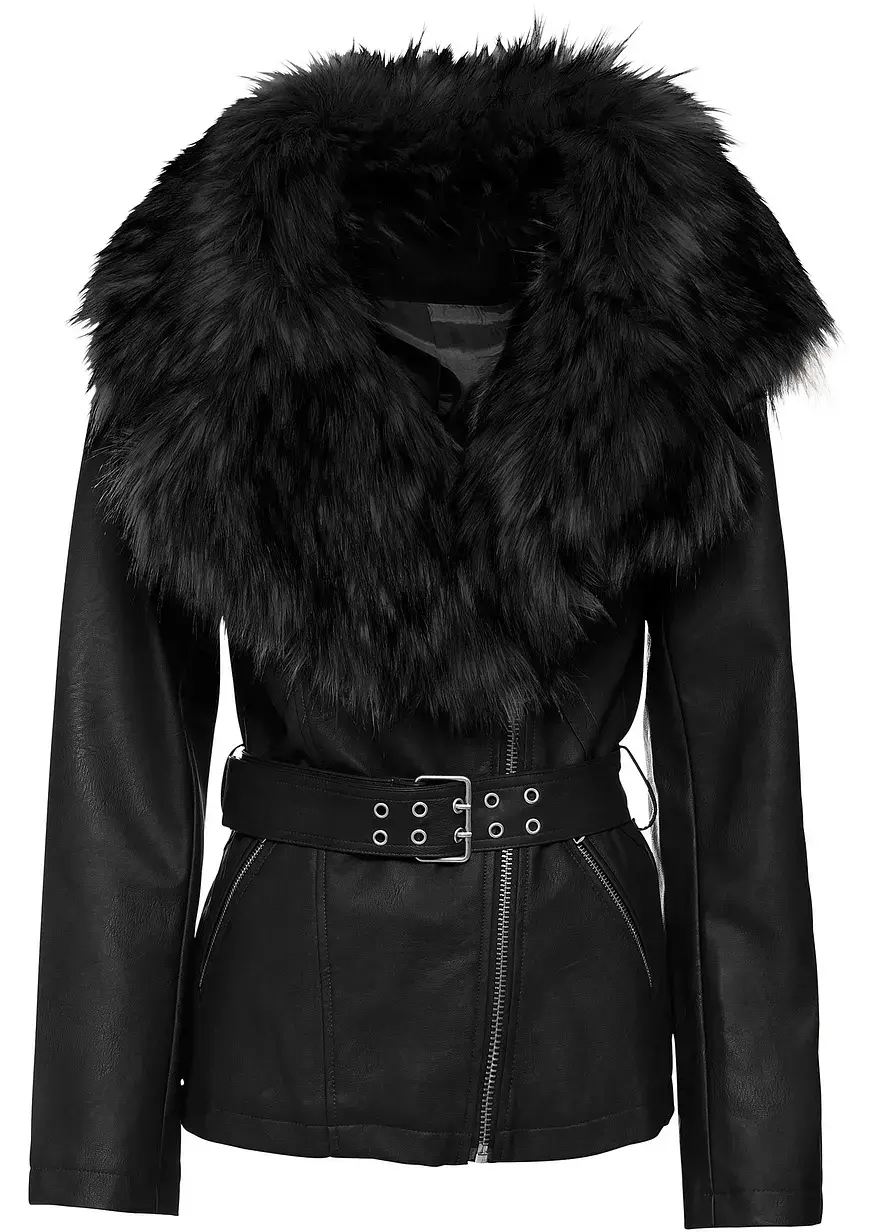 bonprix Attraktive Lederimitat-Jacke mit opulentem Fellimitatkragen