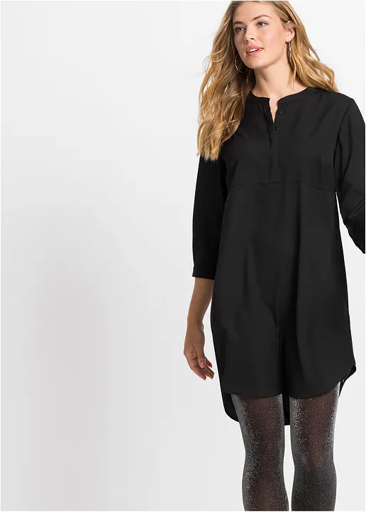 Bonprix Attraktives Blusenkleid Mit Knopfleiste Am Ausschnitt - Schwarz