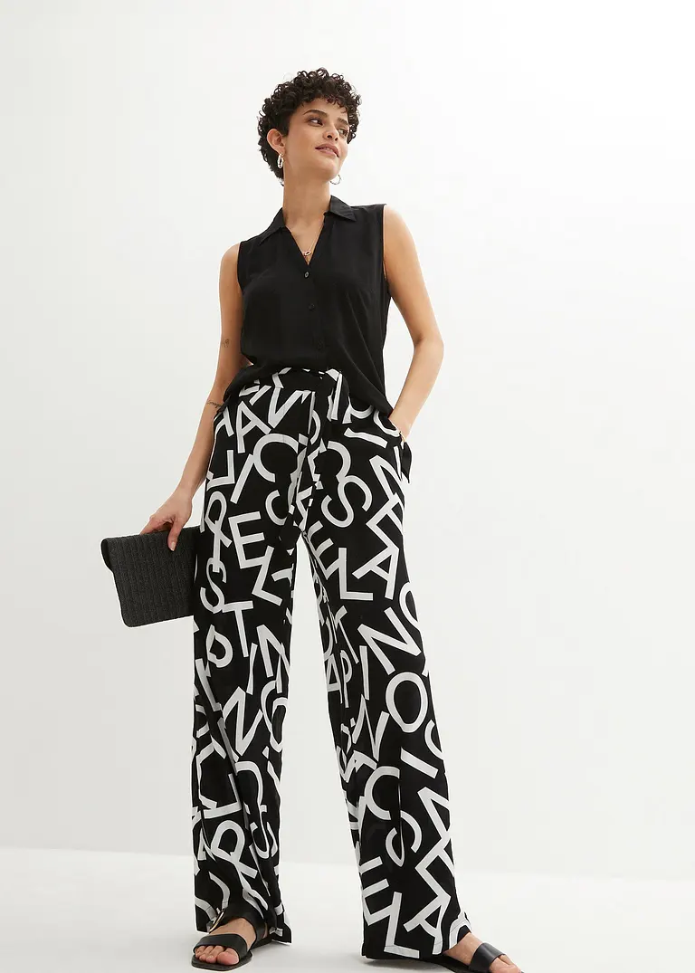 Bonprix Auffallende Marlenehose Mit Aufdruck - Schwarz Petite