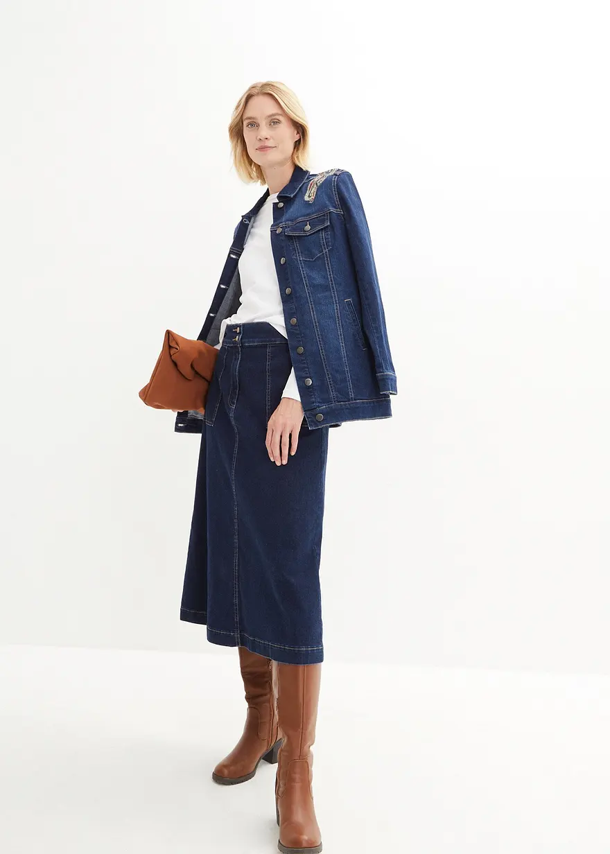 Bonprix Ausgestellter Jeansrock Mit Verstellbaren Bund - Blau