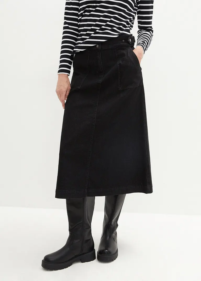 Bonprix Ausgestellter Jeansrock Mit Verstellbaren Bund - Schwarz - Damen