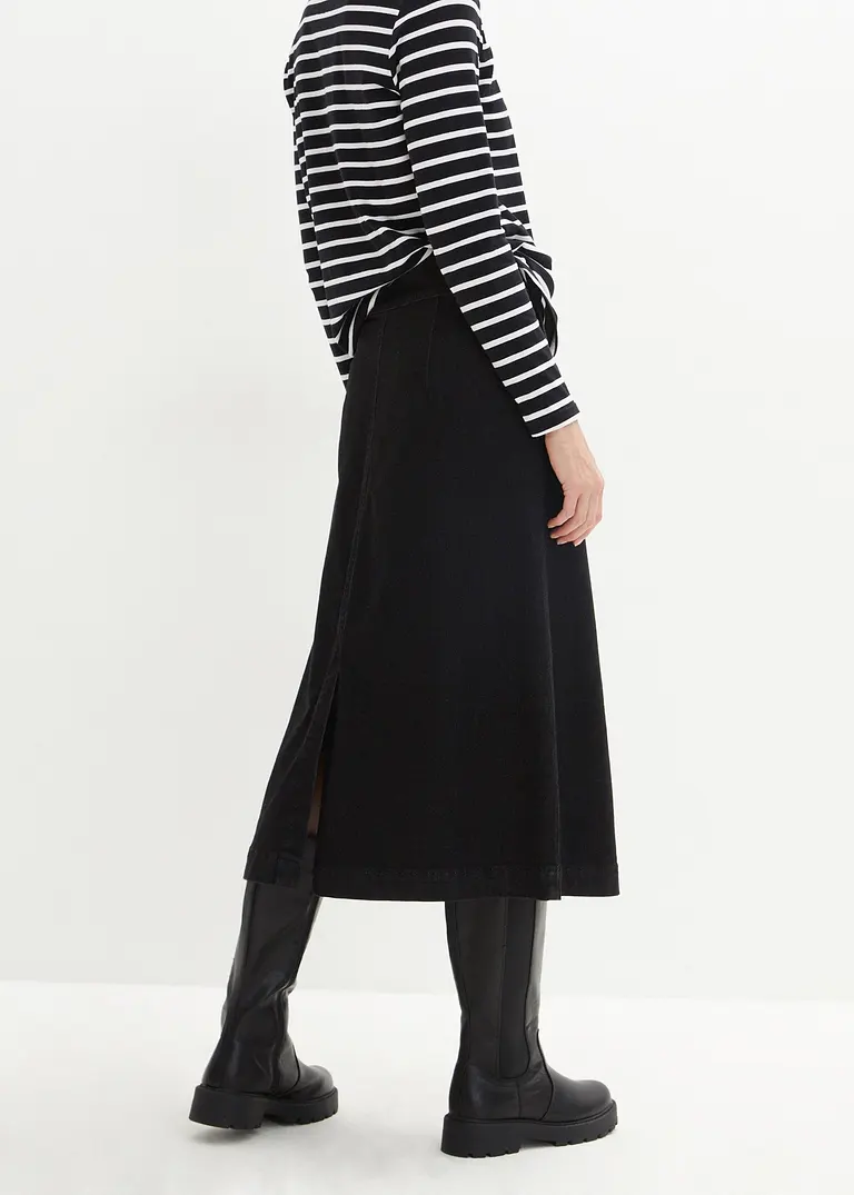 Bonprix Ausgestellter Jeansrock Mit Verstellbaren Bund - Schwarz - Damen
